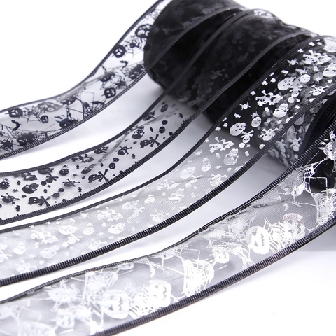 Halloween Mesh Ribbon Foil Stamping Pumpkin Skull Spiderweb Pattern DIY Party Decoration Gift Wrapping Gothic Webbing Ribbon
