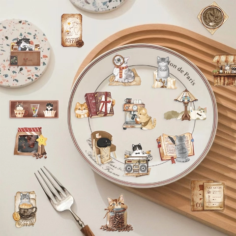 Magische Katzen Cafe Aufkleber Wasserdicht PET Transparent Ästhetische Cartoon Sticker Für Laptop Journal Scrapbook
