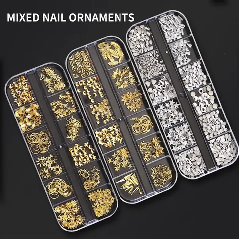 Gemischte Nagelkunst Dekoration Zubehör Metall Legierung Harz Strass Künstliche Perle Mehrgitter Box Stern Mond Herz Form DIY Maniküre