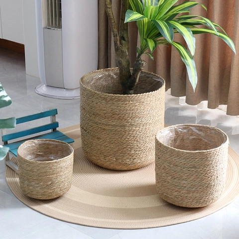 Nordic Woven Straw Flower Pot Basket Natural Plant Fiber Planter Cover With Waterproof Lining For Indoor Home Decor