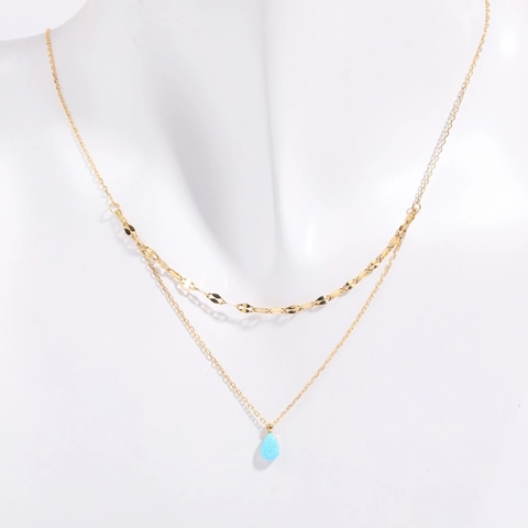Collana Vintage a Doppio Strato in Rame Con Ciondolo in Opale Artificiale a Goccia Gioielli Raffinati Placcati in Oro da Donna
