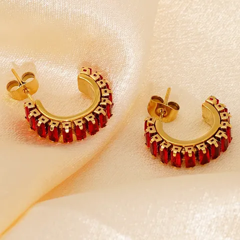 C-Shaped Hoop Earrings For Women 18K Gold Plated Stainless Steel With Rectangular Zircon Geometric Retro Fashion Jewelry