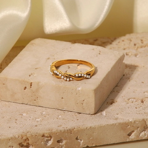 Anello In Acciaio Inossidabile Intrecciato Con Künstliche Perle Incastonate Placcato Oro Gioielli Eleganti Alla Moda Per Donne