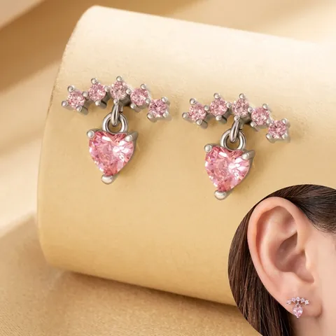 Roze Hart Zirkoon Kraakbeen Piercing Oorbel Titanium Staal Schroef Terug Bot Stud Zoete Mode Sieraden Voor Vrouwen