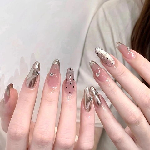 French Almond Press On Nails Pink Cat Eye Silver Mirror Metallic Rhinestone Polka Dot Elegant Handmade Manicure