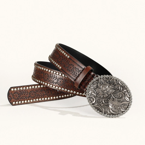 Cinturón de PU de Vaquero Occidental Vintage Cinturón de Cuero con Diamantes de Imitación de Cabeza de Toro Tallada en Aleación de Lujo Cinturón Bohemio para Unisex