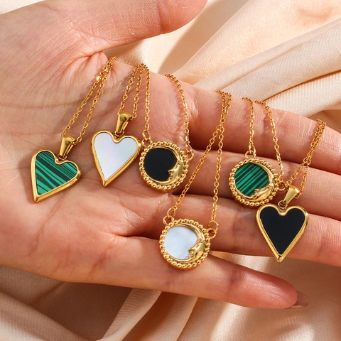 Collar De Acero Inoxidable Con Acrílico De Rayas Verdes Textura Malaquita Y Colgante Cara De Luna Espejo Dorado Para Mujer