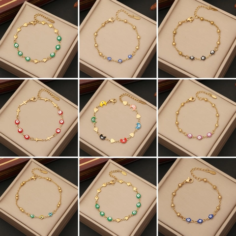 Bracciale Cuore Malocchio Acciaio Inossidabile Smalto Ciondolo Colorato Regolabile Placcato Oro Gioielli Di Moda Boemia