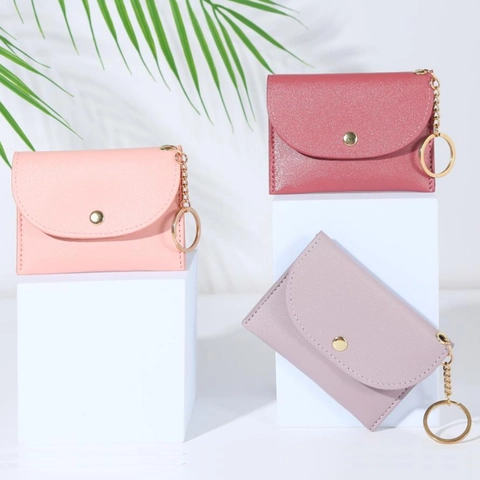 Mini Coin Purse PU Leather Card Holder With Keychain Ring Snap Closure Solid Candy Color Sweet Style For Women