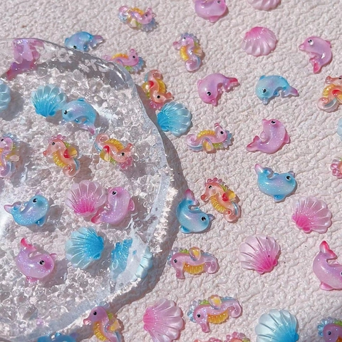 Decorazioni Unghie 3D Tema Oceano Resina Conchiglia Delfino Cavalluccio Marino Glitter Ghiaccio Trasparente Charms Manicure DIY