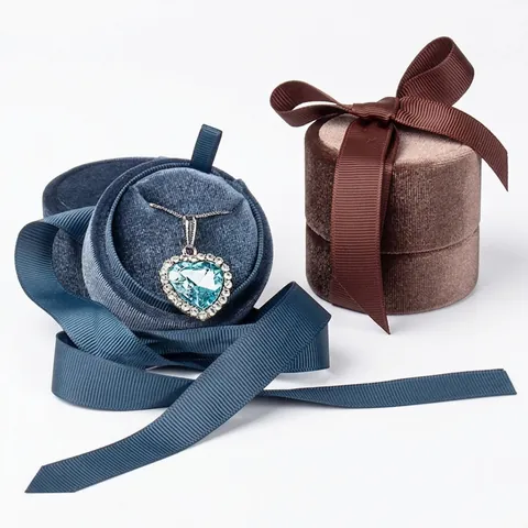 Elegante Scatola Portagioie Rotonda in Velluto Con Fiocco Per Anelli E Ciondoli Custodia Morbida Confezione Regalo Matrimonio Organizer Gioielli