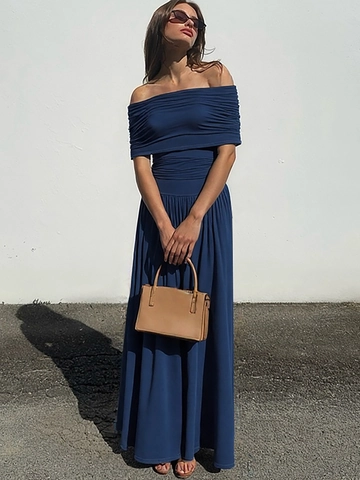 Damen Off Shoulder Maxi Kleid Gerafft Eng Anliegend Einfarbig Ärmellos Lang Sommer Elegant Bodycon Kleider