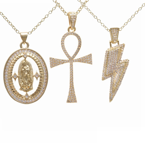 Collana Con Pendente Hip Hop Rame Placcato Oro Micro Pavé Zirconia Religioso Croce Fulmine Vergine Maria Per Uomini Donne