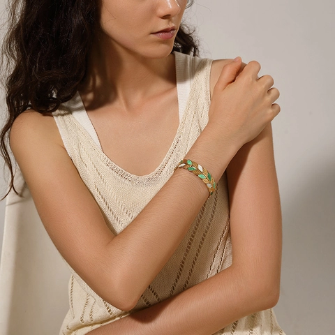 Mode Roestvrij Staal Blad Armring Verguld Emaille Botanisch Patroon Open Manchet Armband Voor Dames Dagelijks Feest Sieraden Cadeau