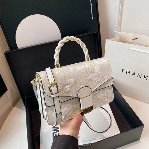 Borsa A Mano Ricamo Farfalla Pelle PU Pizzo Manico Intrecciato Hardware Dorato Borsa A Tracolla Per Donna