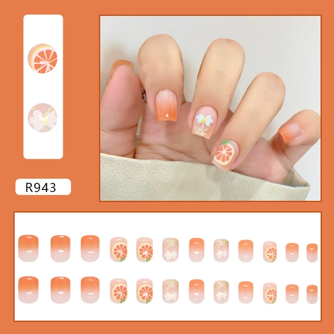 Press On Nails Summer Orange Ombre ABS Plastic 3D Flower Short Square Glossy Artificial Finger Manicure Decor For Women