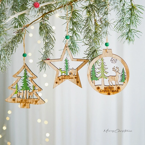 Christmas Wooden Ornaments Hollow Laser Cut Reindeer Pine Tree Hanging Pendant For Holiday Party Tree Decor Rustic Wood