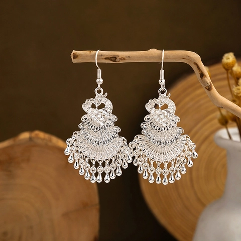Peacock Phoenix Dangle Earrings Zinc Alloy Enamel Cloisonne Ethnic Retro Bohemian Style Tassel Bell Jewelry Women