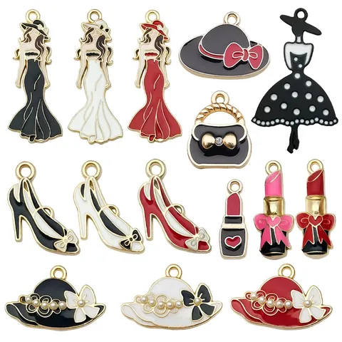 Ciondoli In Lega Di Zinco Smaltata Per Creazione Gioielli Fai Da Te Rossetto Cappello Borsa Tacchi Alti Forme Donna Elegante