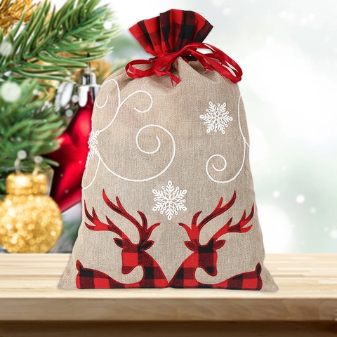 Christmas Gift Bag Burlap Linen Drawstring Sack With Red Black Buffalo Plaid Reindeer Snowflake Holiday Favor