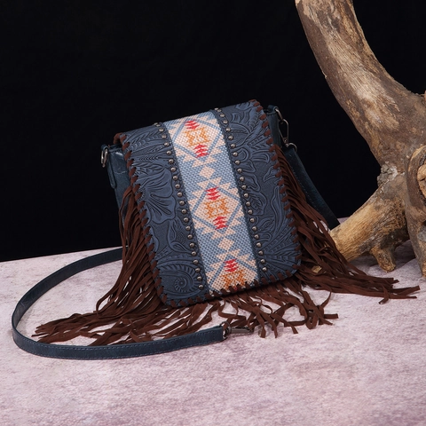 Damen Umhängetasche Böhmisch Retro Geprägtes Leder Lange Fransen Quasten Ethnisch Gewebt Western Schultertasche