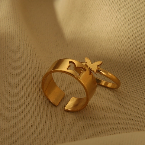 18K Vergoldeter Edelstahl Schmetterling Ring Set Für Damen Paare Minimalistisch Ausschnitt Offen Verstellbar Hochwertiger Schmuck