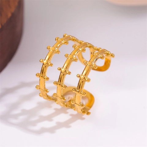 Mehrlagiger Hohlzaun Ring 18K Vergoldeter Edelstahl Verstellbares Offenes Design Mit Perlen Für Damen Mädchen Schick
