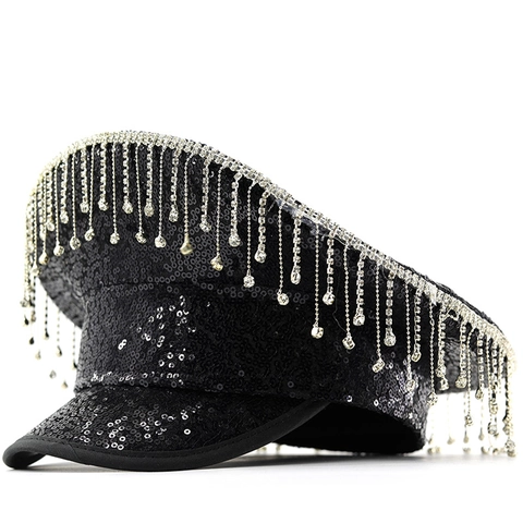 Sequin Captain Hat With Rhinestone Tassel Flat Top Navy Hat For Party Stage Performance Black Luxurious Glamorous