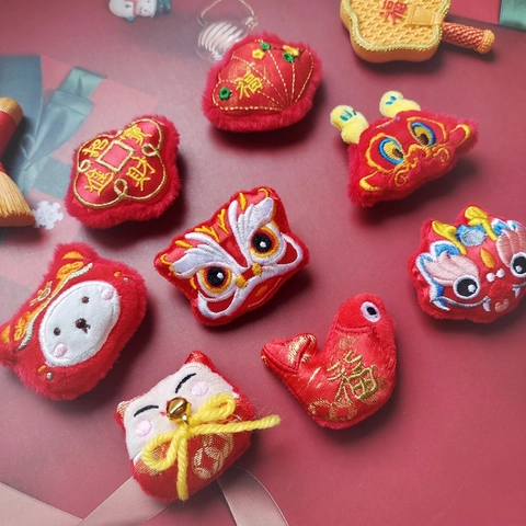 Plush Embroidery Pin Brooch Chinese Style Lion Dance Dragon Lucky Cat DIY Accessories For Bags Clothes Hair Clips