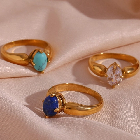 Minimalist Stainless Steel 18K Gold Plated Flower Petal Ring For Women Inlaid AAA Zirconia Turquoise Lapis Lazuli Jewelry