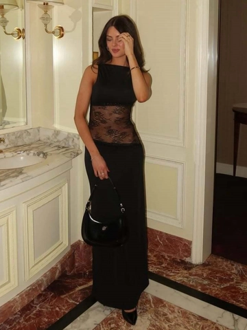 Women Sexy Lace Patchwork Maxi Dress Sleeveless Round Neck Hollow Out Backless See Through Slim Fit Summer Evening Party