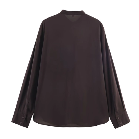Damen Elegante Rüschenbluse Langarm Stehkragen Chiffonhemd Einfarbig Büro Dame Lässiges Oberteil