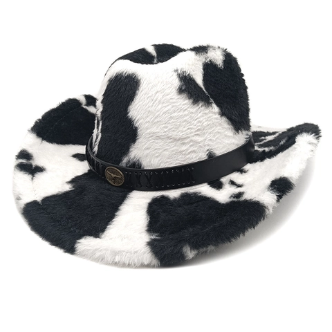Chapeau De Cow-Boy Western Imprimé Vache Peluche Fausse Fourrure Chaud Hiver Fête Mode Avec Boucle Tête De Taureau