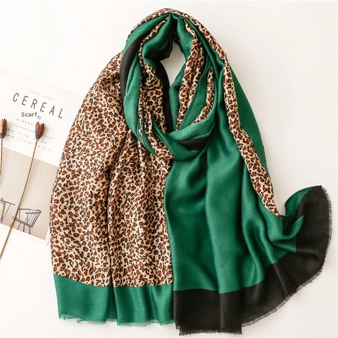 Mode Leopard Print Color Block Schal Damen Polyester Satin Bronzieren Goldfolie Fransen Tuch