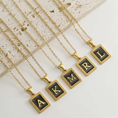 Collar Colgante Letra Cuadrada Chapado Oro 18K Acero Inoxidable Esmalte Negro Inicial Cadena Clavícula Minimalista Mujer Joya