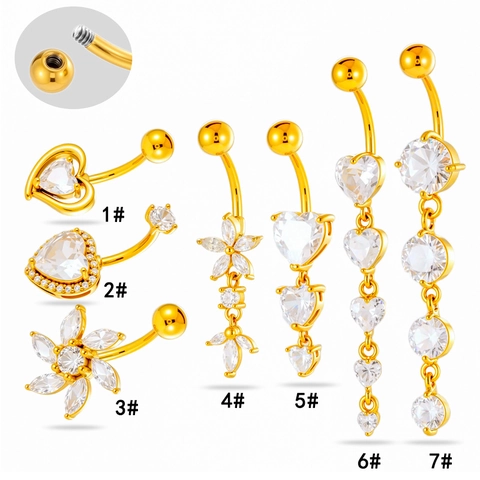 Belly Button Rings Navel Piercing Jewelry Stainless Steel Cubic Zirconia Heart Flower Dangle Tassel For Women Fashion