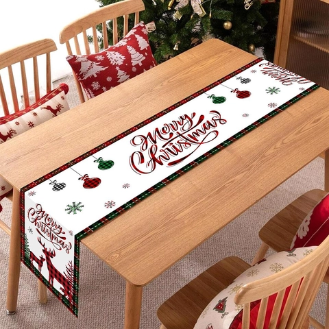 Weihnachts Tischläufer Polyester Frohe Weihnachten Rentier Muster Rot Grün Kariert Feiertag Deko Festlich