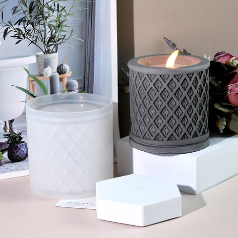 Silicone Mold For DIY Candle Making Bamboo And Rhombus Grid Pattern Aromatherapy Plaster Pen Holder Cylinder Embossed Design