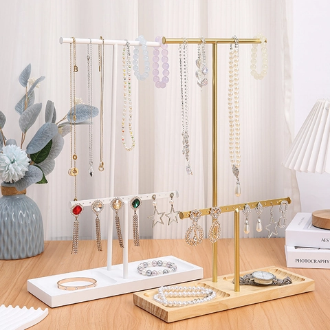 Jewelry Display Stand Metal Earring Holder Organizer With Solid Wood Base Multi Layer T Bar Nordic Minimalist Style