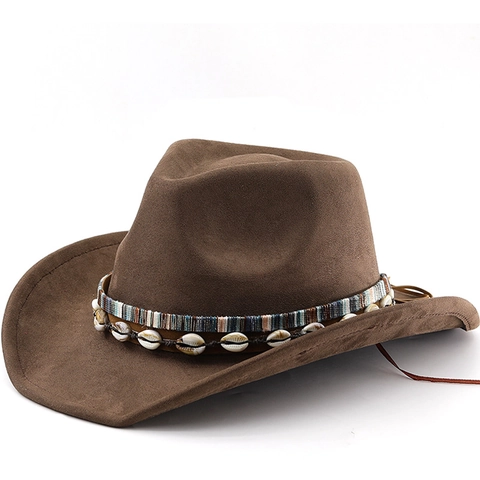 Western Cowboy Hoed Suede Polyester Brede Rand Etnische Schelp Decor Outdoor Reizen Zonbescherming Voor Heren Dames