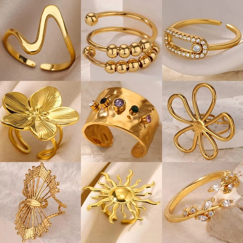 18K Gold Plated Open Ring For Women Adjustable Zirconia Leaf Flower Safety Pin Heart Sun Life Tree Finger Ring Fashion Jewelry