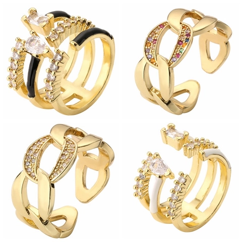 Mode Offener Verstellbarer Ring Kupfer Vergoldet Mit Zirkon Kubanische Kette Geometrischer Schmuck Für Frauen