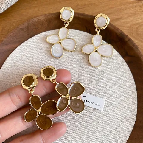 Vintage Flower Drop Earrings Alloy Enamel With 925 Sterling Silver Earring Post Irregular Petal Elegant For Women