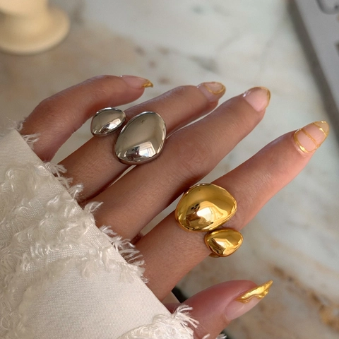 Minimalist Irregular Pebble Open Ring 18K Gold Plated Titanium Steel Asymmetrical Polished Adjustable Jewelry For Women