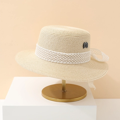Women Straw Sun Hat Flat Top Wide Brim Breathable Paper Straw Summer Beach Boater Hat With Ribbon Bow Metal Letter