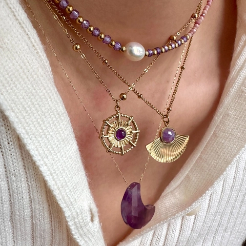 Collana Con Pendente In Ametista Luna Bussola Ventaglio Acciaio Inossidabile Placcato Oro Pietra Naturale Perla Artificial Per Donne