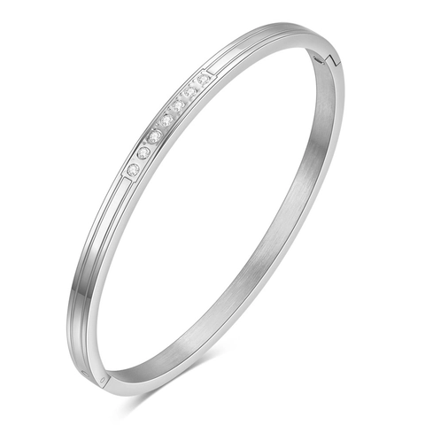 Bracciale Rigido Minimalista in Acciaio Inossidabile per Donna Placcato Oro 18K Strass Intarsiato Aperto con Cerniera Gioielli