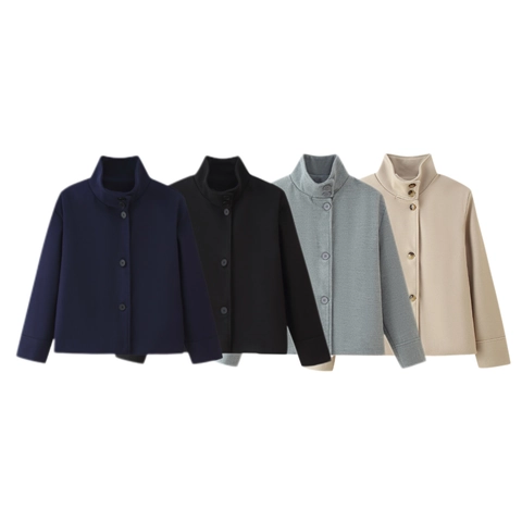 Giacca Corta da Donna alla Moda con Collo Alto in Trama di Lana Monopetto Cappotto Sciolto Manica Lunga Casual Autunno
