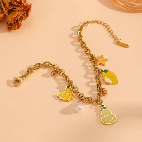 Pulsera Con Colgante De Frutas De Acero Inoxidable Para Mujer Chapado En Oro Limón Plátano Estrella Perla Artificial De Imitación