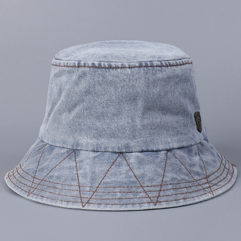Washed Denim Bucket Hat Retro Contrast Stitching Wide Brim Foldable Sun Protection Casual Basin Cap For Men Women